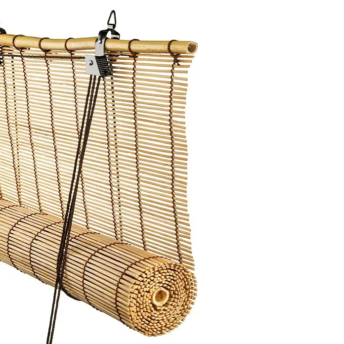 Estor enrollable de bambú - An x Al: 80 x 180 cm, Roble, Unicolor - Estor de bambú natural parcialmente enrollado con cordones oscuros.