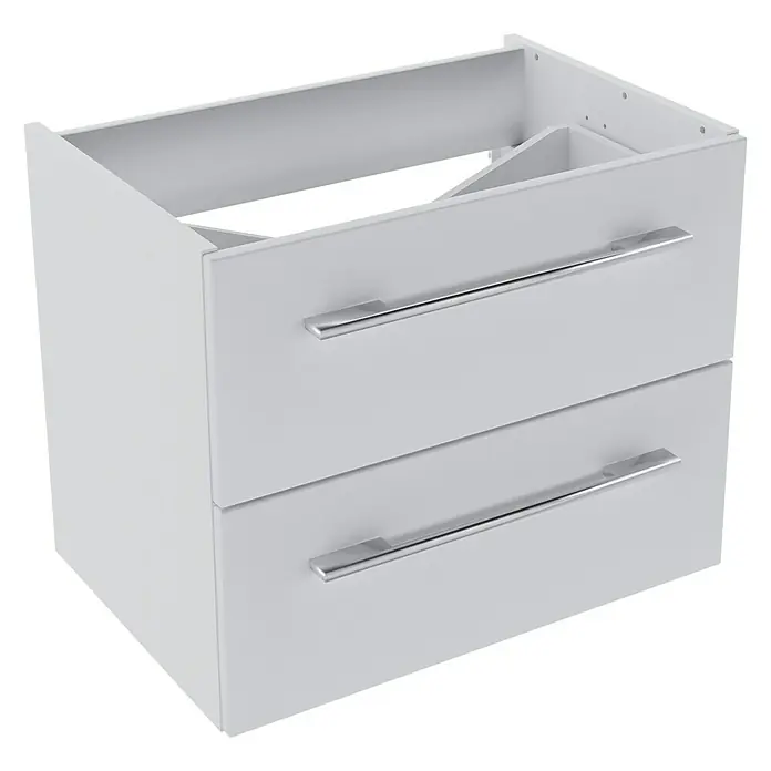 Camargue Stella Waschtischunterschrank - 59,2 x 40,8 x 49 cm, Ohne Beleuchtung, Weiß - Produktansicht eines weißen Badezimmerunterschranks mit zwei Schubladen und Chromgriffen. Elegantes und modernes Design.