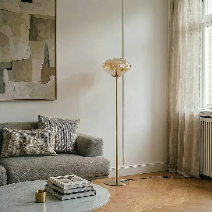 Lindby Stehleuchte Lelia - Höhe: 150 cm, messing / gold, creme / amber, E27