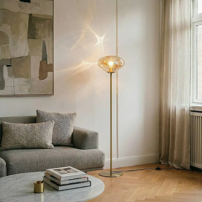 Lindby Stehleuchte Lelia - Höhe: 150 cm, messing / gold, creme / amber, E27