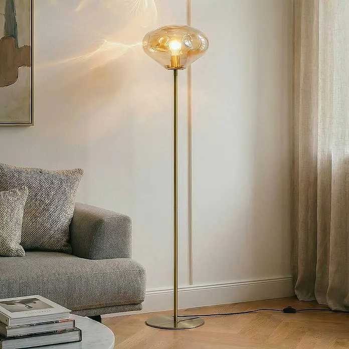 Lindby Stehleuchte Lelia - Höhe: 150 cm, messing / gold, creme / amber, E27