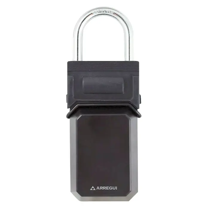 Arregui Caja para llaves Keeper SEG021 - 1 ud., 7 x 3,7 x 13,4 cm - Esta imagen muestra una caja fuerte para llaves Arregui que presenta una carcasa robusta y resistente a la intemperie y un candado para el almacenamiento seguro de llaves en exteriores.