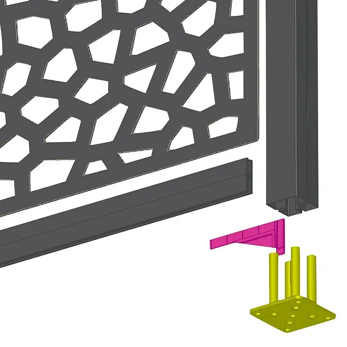 Nortene Fijación Perfix blanco - 2 ud., Apto para: Cercados - Vista detallada de una mampara modular de privacidad con un patrón decorativo, soporte y montaje en el suelo para una fácil instalación.
