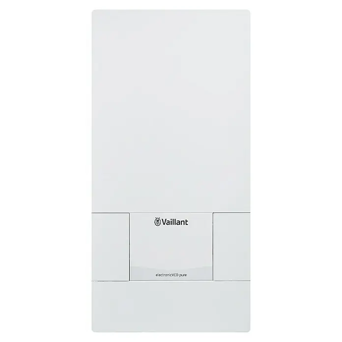 Vaillant Durchlauferhitzer Vedepure 21 - 21 kW, Elektronisch, Geschlossen - Weißer Vaillant Elektronik-Durchlauferhitzer im modernen, minimalistischen Design mit Vaillant-Logo und "electronicVED pure"-Schriftzug.