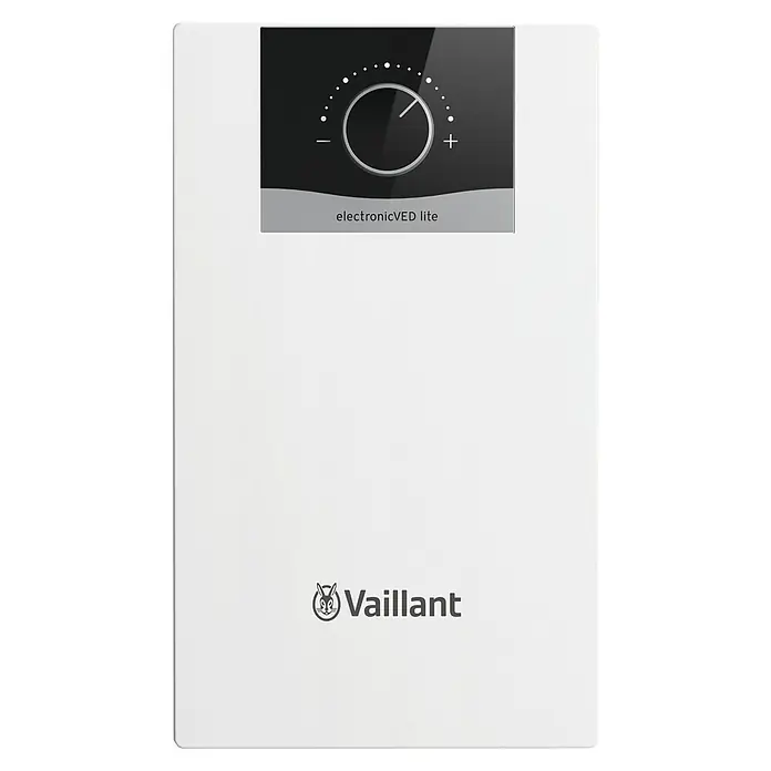 Vaillant Kleindurchlauferhitzer VEDELITE1113LU - 11 kW - 13,5 kW, Elektronisch, Geschlossen - Weißes Vaillant electronicVED lite Bedienfeld mit schwarzem Display und Drehregler zur Einstellung.