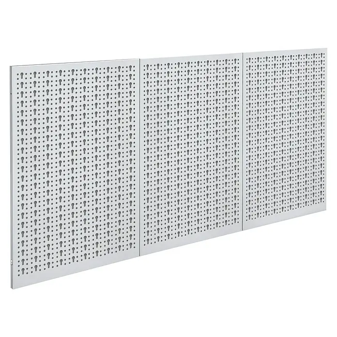 Küpper Lochwand - L x B: 120 x 60 cm, Silber - Drei weiße Lochplatten aus Metall mit runden und schlüssellochförmigen Löchern zur Werkzeugorganisation.