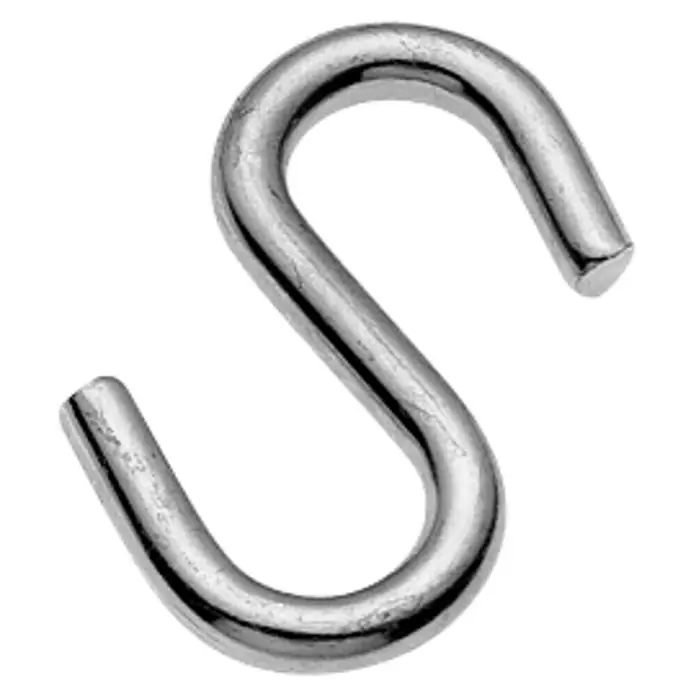 Stabilit S-Haken - Ø x L: 6 x 55 mm, 10 Stk. - Nahaufnahme eines glänzenden, silberfarbenen S-Hakens, der zum Aufhängen und Verbinden von Gegenständen verwendet wird.