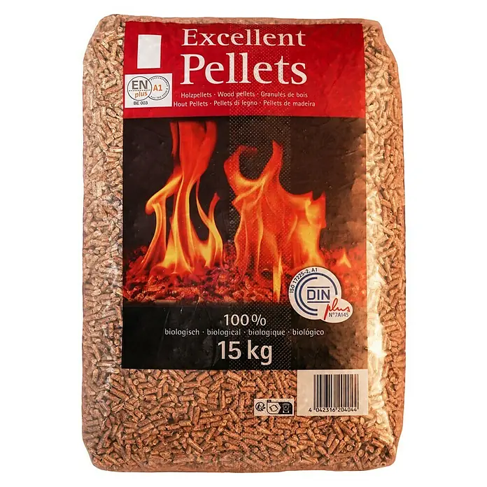 Holzpellets - 15 kg, Nadelholz - Transparenter Beutel mit braunen Holzpellets, rotes Etikett mit Zertifizierungen und „15 kg“.