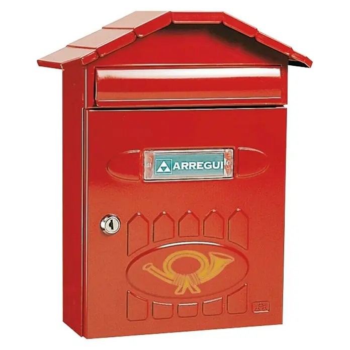 Arregui Villa Buzón de pared E-5002 - L x An x Al: 24 x 10 x 36 cm, Rojo, Acero - Buzón rojo Arregui con tejado de tejas y símbolo de corneta para una entrega de correo elegante y segura.