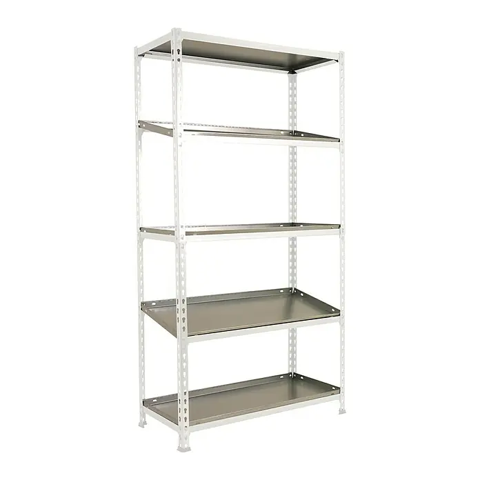 Simonrack Simonclick Estantería metálica - Al x An x Pr: 180 x 90 x 40 cm, Capacidad de carga por balda: 180 kg, Número de baldas: 5 ud., Inserción, Blanco/Galvanizado - Estantería metálica de cinco niveles con marco blanco y estantes grises para almacenamiento.