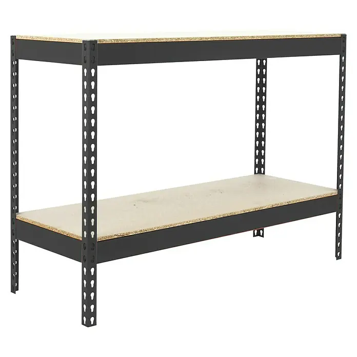 Simonrack Ecoforte Estantería para cargas pesadas Chipboard - Al x An x Pr: 90 x 120 x 75 cm, Capacidad de carga por balda: 400 kg, Número de baldas: 2 ud., Inserción, Antracita/Madera - Estantería metálica negra de dos niveles con baldas de aglomerado marrón claro.