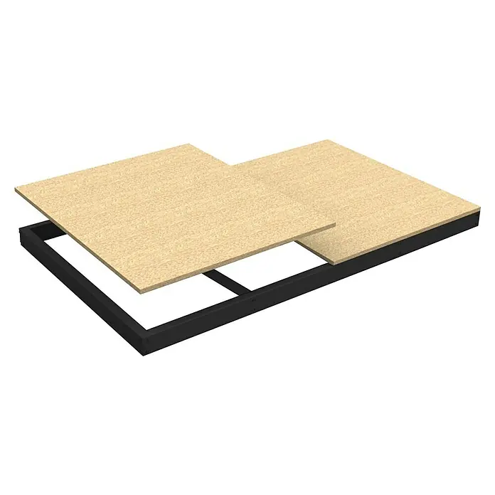 Simonrack Simonforte Estante adicional Chipboard - Al x An x Pr: 7,7 x 240 x 75 cm, Antracita/Madera, Capacidad de carga por balda: 400 kg - Base de cama con estructura de metal negro y dos paneles de madera clara.