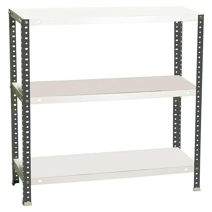Simonrack Simonclassic Estantería metálica Comfort Mini - Al x An x Pr: 100 x 80 x 30 cm, Capacidad de carga por balda: 100 kg, Número de baldas: 3 ud., Atornillado, Antracita/Blanco - Estantería metálica de tres niveles gris claro con montantes perforados gris oscuro para almacenamiento.