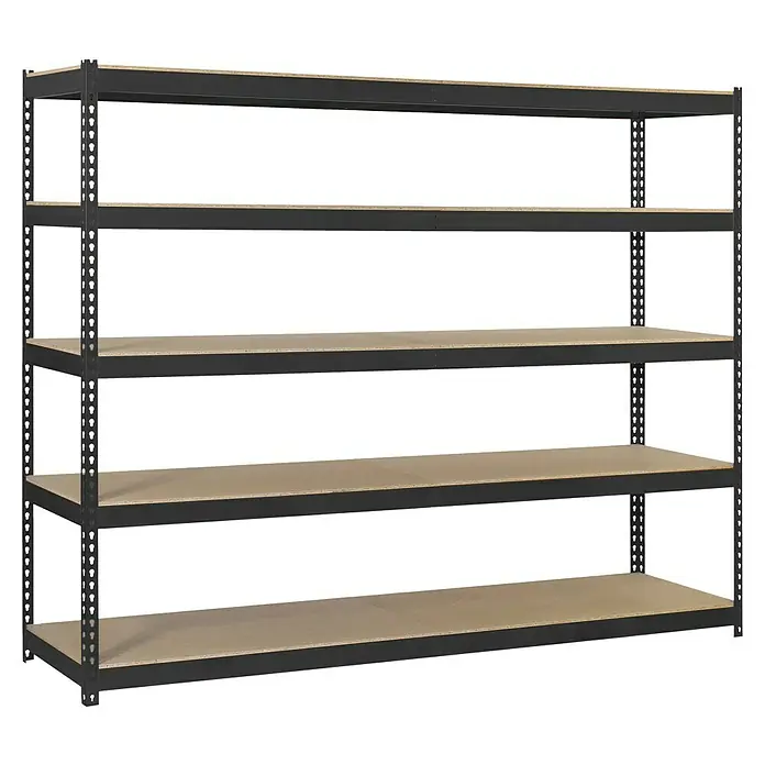 Simonrack Ecoforte Estantería para cargas pesadas Chipboard - Al x An x Pr: 200 x 150 x 45 cm, Capacidad de carga por balda: 400 kg, Número de baldas: 5 ud., Inserción, Antracita/Madera - Estantería de metal negro con cinco estantes de madera marrón claro.