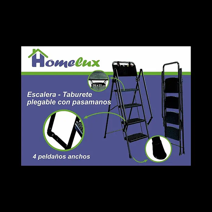 Escalera de tijera - Altura de trabajo: 2,53 m, Número de peldaños: 4 ud., Carga soportada: 150 kg, Metal - Nueva escalera - taburete Homelux