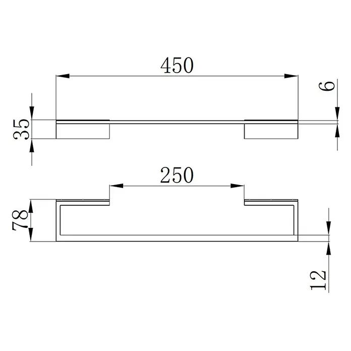 Toallero de barra Urban - Ancho: 45 cm, Cromo - Dibujo técnico de un tirador rectangular de 450 mm de largo con agarre de 250 mm, mostrando dimensiones de altura y grosor.