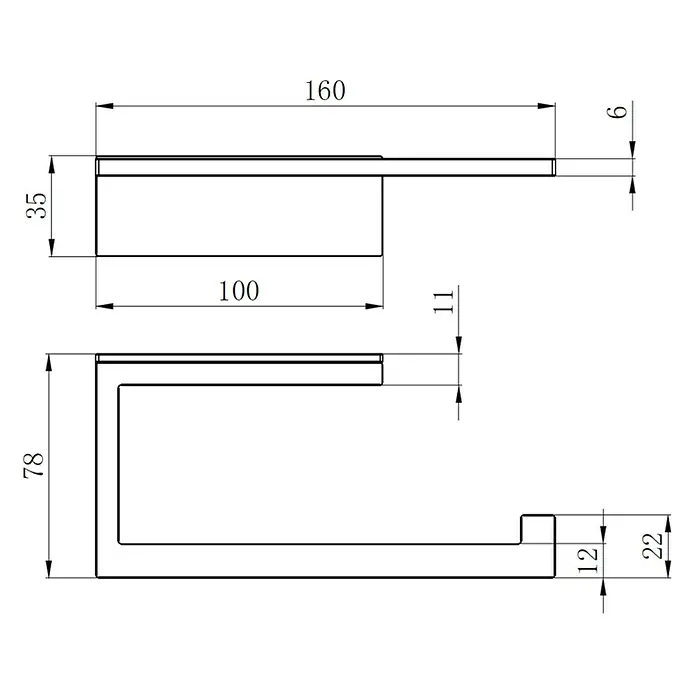 Portarrollos papel higiénico Urban - Acero inoxidable, Negro - Soporte rectangular de pared, mostrado con dimensiones en un dibujo lineal.