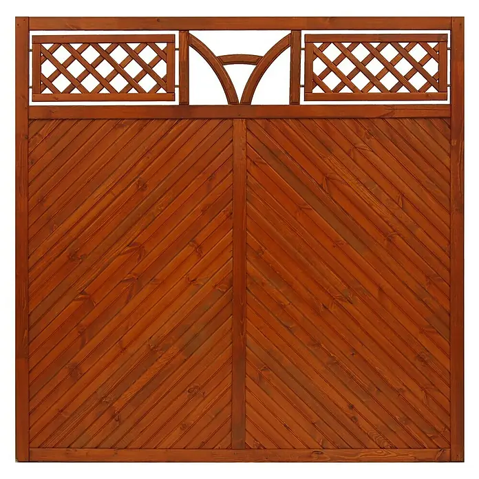 Andrewex Sichtschutzelement Toulon - 180 x 180 cm, Teak - Ein rustikales, hölzernes Zaunelement mit diagonalen Brettern und dekorativen Gittereinsätzen, ideal für Garten und Grundstück.