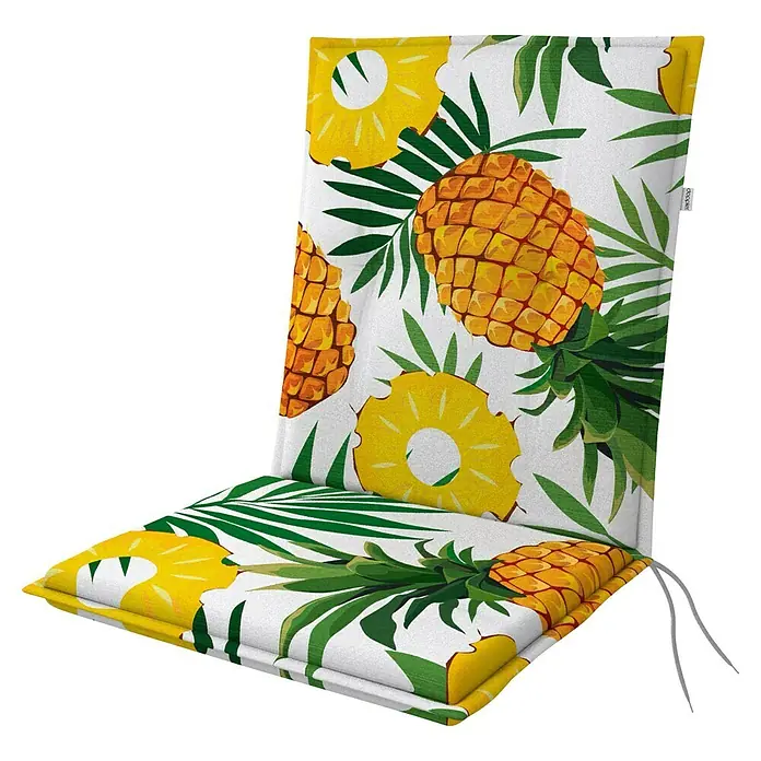 Doppler Sitzauflage Living - Niederlehner, L x B x H: 100 x 48 x 6 cm, Kunststoff, Baumwolle, Weiß/Grün/Orange - Weißes Stuhlkissen mit lebhaftem Ananas- und Palmenblattmuster, mit zwei Bindebändern.