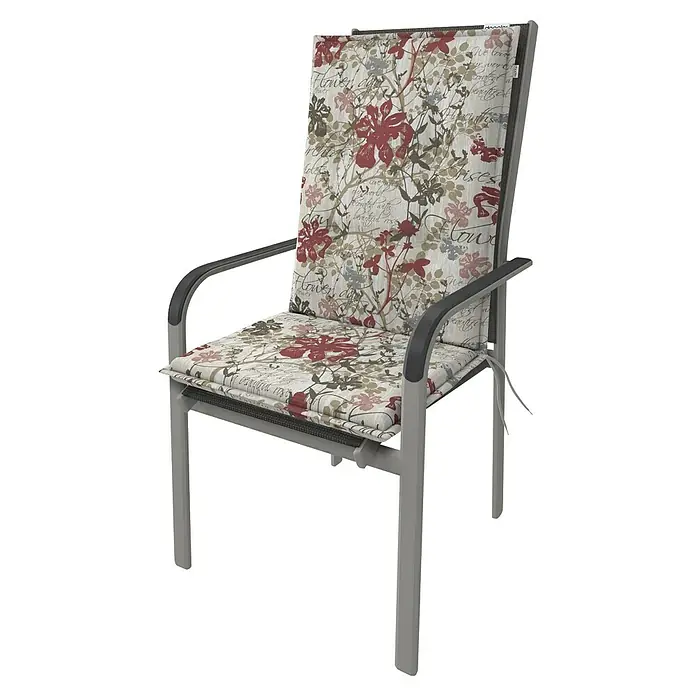 Doppler Sitzauflage Living - Mittellehner, L x B x H: 110 x 48 x 6 cm, Beige/Weinrot - Grauer Metall-Gartenstuhl mit dunklen Armlehnen und floral gemustertem Kissen.