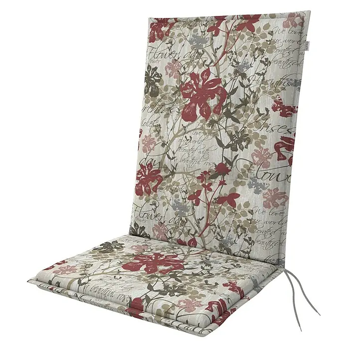 Doppler Sitzauflage Living - Mittellehner, L x B x H: 110 x 48 x 6 cm, Beige/Weinrot - Stuhlkissen mit Blumen- und Textmuster in Rot, Grau und Beige, separaten Rücken- und Sitzteilen sowie Befestigungsbändern.