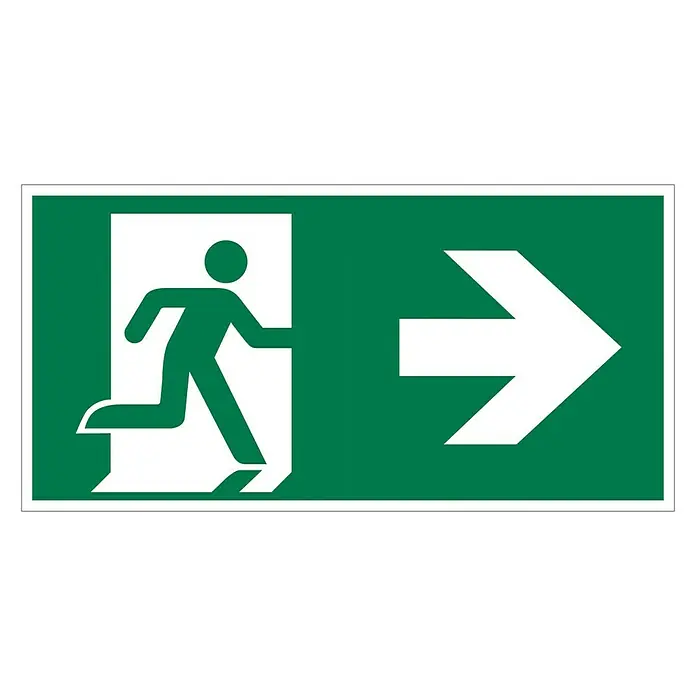 Pickup Fluchtwegschild - Motiv: Notausgang-Pfeil rechts, L x B: 30 x 15 cm - Grünes Notausgangsschild mit weißer Silhouette einer laufenden Person und einem Pfeil, der nach rechts zeigt.
