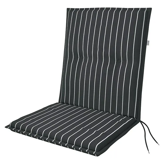 Doppler Sitzauflage Living - Niederlehner, L x B x H: 100 x 48 x 6 cm, Kunststoff, Baumwolle, Schwarz/Weiß - Doppler dunkelgraues Stuhlkissen mit weißen Streifen und Bändern.