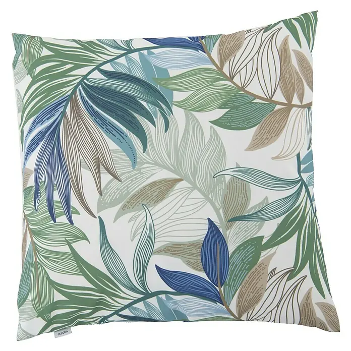 Doppler Kissen - Blau/Grün/Weiß, L x B: 45 x 45 cm, Polyester - Dekokissen mit tropischem Blättermuster in Grün-, Blau- und Brauntönen auf weißem Grund.