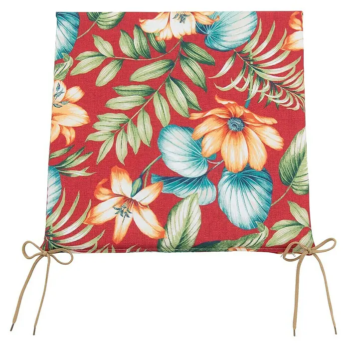 Doppler Sitzkissen - L x B x H: 44 x 44 x 4 cm, Rot/Orange - Roter tropischer Kissenbezug mit Blumenmuster, gelben und orangefarbenen Blüten, grünen und blauen Blättern und Bändern.