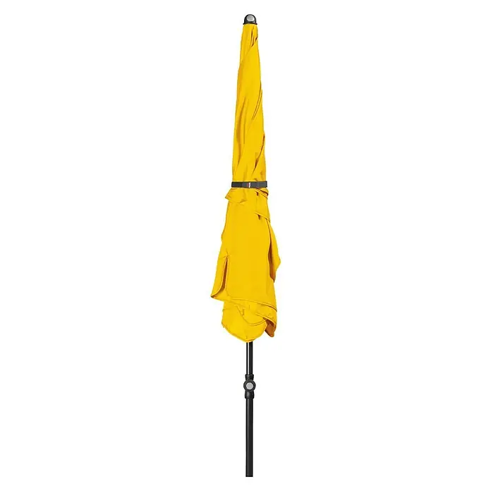 Doppler Sunline Balkonschirm Waterproof Neo - Gelb, Bespannungsmaß (L x B): 120 x 185 cm - Geschlossener gelber Regenschirm mit schwarzem Stock und schwarzem Doppler-Gurt.