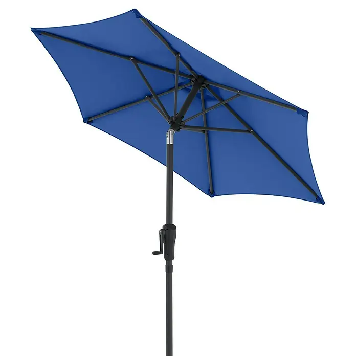 Doppler Balkonschirm rund Life Lift - Pacific Blue, Durchmesser Bespannung: 180 cm - Blauer Terrassenschirm mit dunklem Metallgestell und Kurbelmechanismus.