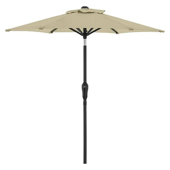 Doppler Balkonschirm rund Life Lift - Sand, Durchmesser Bespannung: 180 cm - Beiger Sonnenschirm mit dunkelgrauem Mast, vollständig geöffnet.