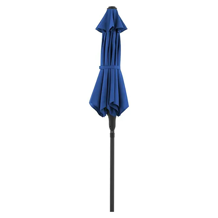 Doppler Balkonschirm rund Life Lift - Pacific Blue, Durchmesser Bespannung: 180 cm - Zusammengeklappter blauer Sonnenschirm mit dunkelgrauem Mast.