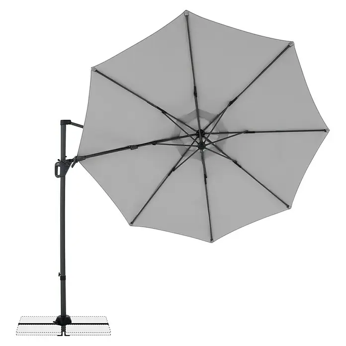 Doppler Ampelschirm rund Life - Hellgrau, Durchmesser Bespannung: 310 cm - Hellgrauer freitragender Sonnenschirm mit dunkelgrauem Gestell und Fuß, von oben gesehen.