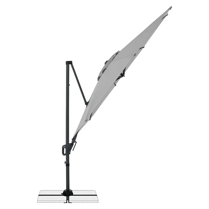 Doppler Ampelschirm rund Life - Hellgrau, Durchmesser Bespannung: 310 cm - Geklappter hellgrauer Ampelschirm mit dunklem Ständer und Basis für Gewichte.