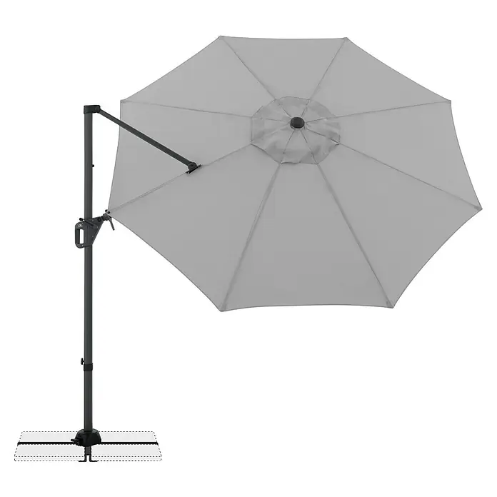 Doppler Ampelschirm rund Life - Hellgrau, Durchmesser Bespannung: 310 cm - Grauer Ampelschirm mit dunkelgrauem Gestell und Kreuzfuß, von oben gesehen.