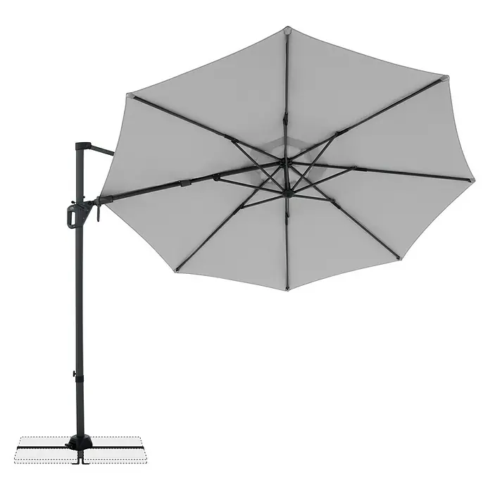 Doppler Ampelschirm rund Life - Hellgrau, Durchmesser Bespannung: 310 cm - Hellgrauer Outdoor-Sonnenschirm mit dunkelgrauem Metallgestell und Kreuzfuß, von unten gesehen.