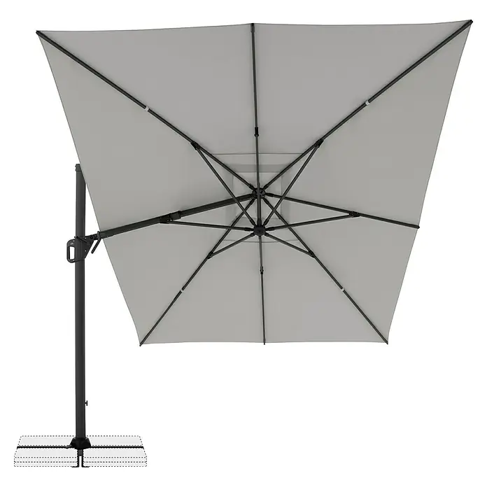 Doppler Ampelschirm Life - Hellgrau, Bespannungsmaß (L x B): 300 x 400 cm - Grauer, quadratischer Ampelschirm von unten gesehen, mit dunkelgrauem Gestell und stabilem Fuß.