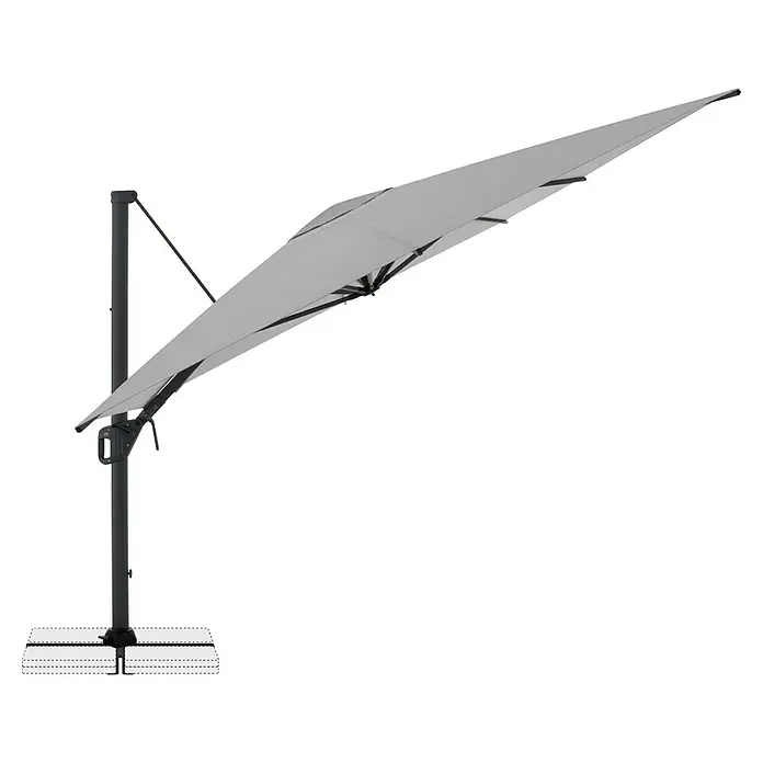 Doppler Ampelschirm Life - Hellgrau, Bespannungsmaß (L x B): 300 x 400 cm - Hellgrauer Freiarmschirm mit dunkelgrauem Gestell, geöffnet und geneigt. Mit stabilem, dunkelgrauem Fuß.