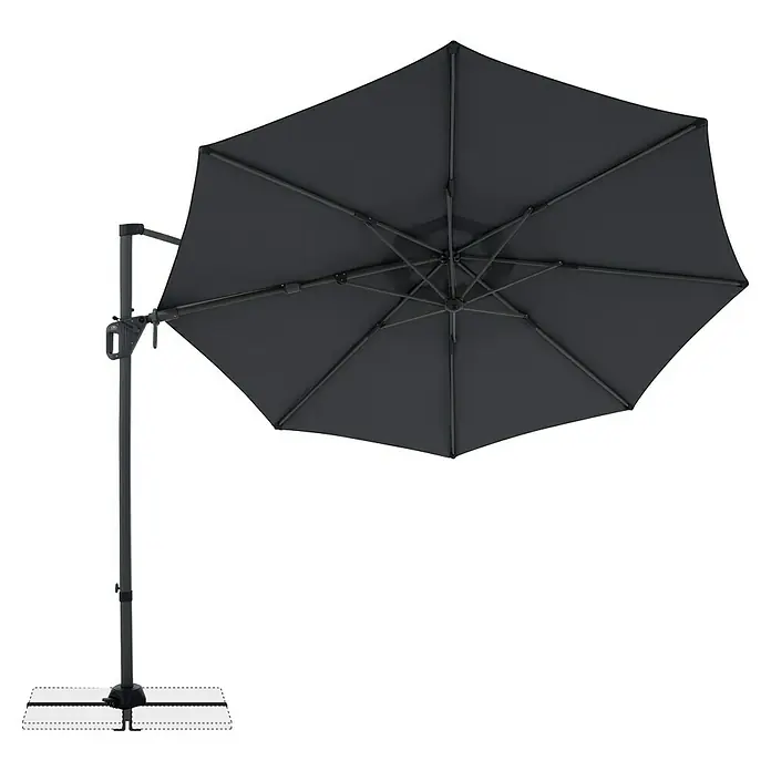 Doppler Ampelschirm rund Life - Anthrazit, Durchmesser Bespannung: 310 cm - Schwarzer Freiarmschirm, von unten gesehen, mit Stützstange und Basis.