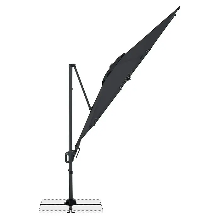 Doppler Ampelschirm rund Life - Anthrazit, Durchmesser Bespannung: 310 cm - Dunkelgrauer Freiarmschirm, zum Schattenspenden geneigt, mit Standfuß.