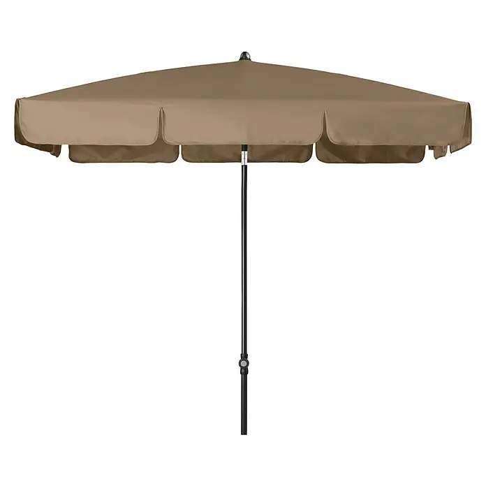 Doppler Sunline Balkonschirm Waterproof Neo - Greige, Bespannungsmaß (L x B): 120 x 185 cm - Ein beiger Sonnenschirm mit dunklem Mast für den Außenbereich.
