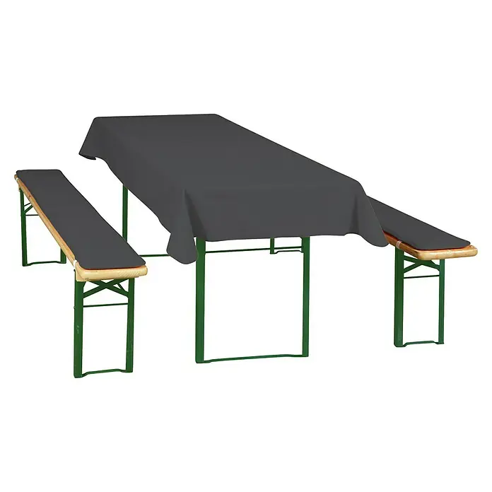 Doppler Bierbankauflagen-Set - Passend für: Set für 70 cm Tischbreite, 3 -tlg., Anthrazit - Biergartentisch mit dunkelgrauer Tischdecke und zwei Bänke mit dunkelgrauen Polstern. Grüne Metallgestelle.