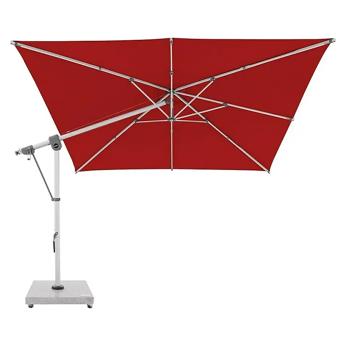 Doppler Expert Ampelschirm Expert - Rot, Bespannungsmaß (L x B): 300 x 300 cm - Roter quadratischer Ampelschirm mit weißem Gestell und grauem Rollfuß.