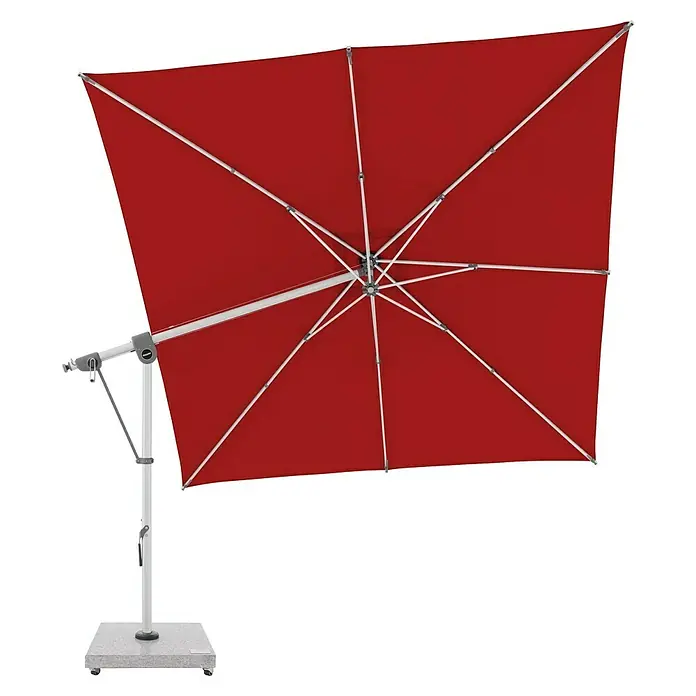 Doppler Expert Ampelschirm Expert - Rot, Bespannungsmaß (L x B): 300 x 300 cm - Roter quadratischer Ampelschirm mit weißem Gestell und fahrbarem Sockel.