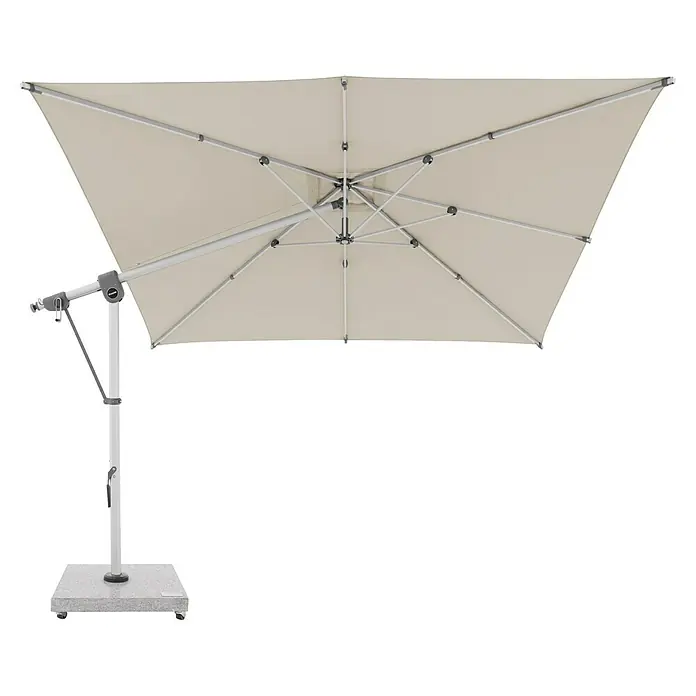 Doppler Expert Ampelschirm Expert - Natur, Bespannungsmaß (L x B): 300 x 300 cm - Beiger freitragender Terrassenschirm, von unten gesehen, mit grauem Gestell und weißer Stange auf Rollensockel.