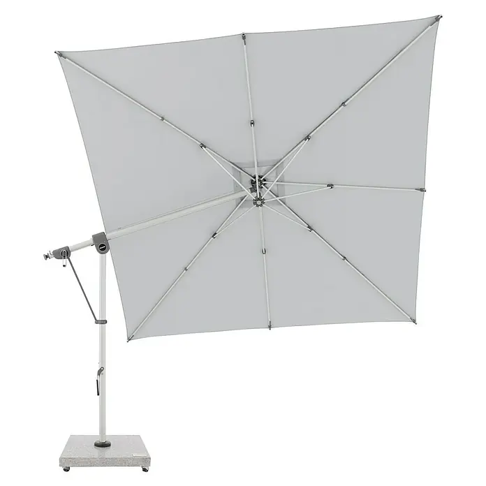 Doppler Expert Ampelschirm Expert - Hellgrau, Bespannungsmaß (L x B): 300 x 300 cm - Hellgrauer quadratischer Ampelschirm, von unten gesehen, mit stabilem Rollsockel.