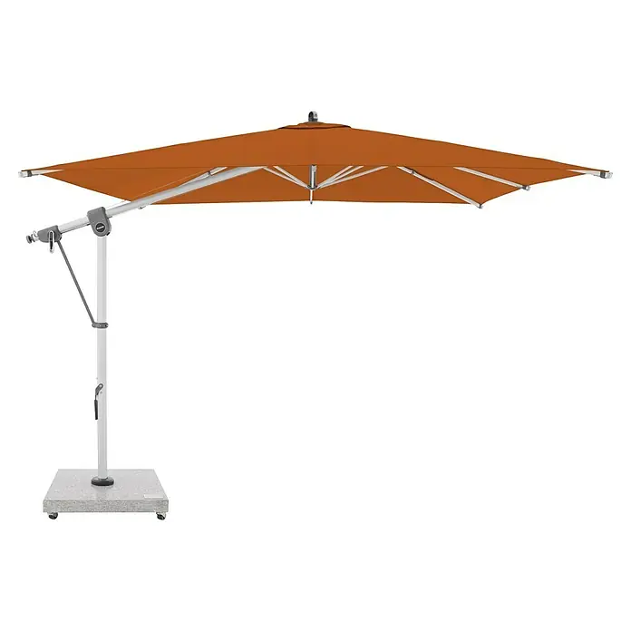 Doppler Expert Ampelschirm Expert - Terracotta, Bespannungsmaß (L x B): 300 x 300 cm - Orange Ampelschirm mit weißem Gestell und grauem Rollsockel.
