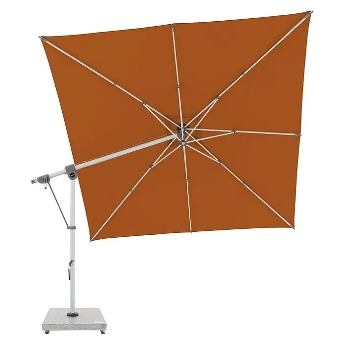 Doppler Expert Ampelschirm Expert - Terracotta, Bespannungsmaß (L x B): 300 x 300 cm - Brauner quadratischer Ampelschirm mit weißem Gestell und grauem Rollsockel.