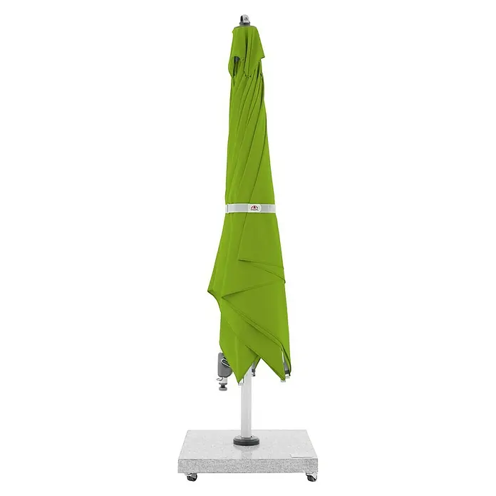 Doppler Expert Ampelschirm Expert - Smaragdgrün, Bespannungsmaß (L x B): 300 x 300 cm - Geschlossener grüner Sonnenschirm mit weißem Gurt auf grauem Quadratfuß mit Rollen.